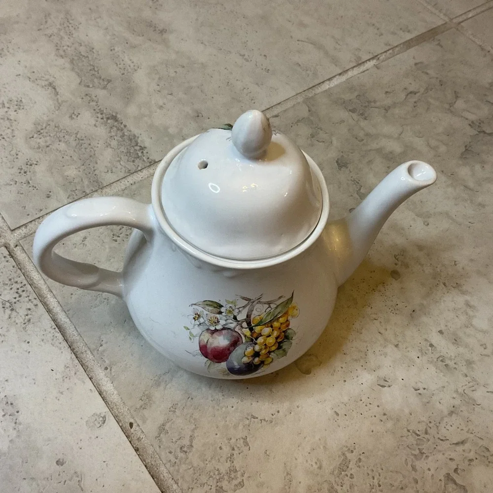 Arthur Wood & Son Staffordshire England Fruit Teapot 6420 Plum Cherry Pear White
